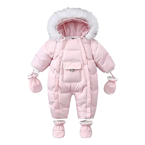 RNTOP Baby Snowsuit Romper Infant Boys Girls Fleece Lined Warm Winter Coat Hooded Jumpsuit with (Pink, 9-12 Months)
