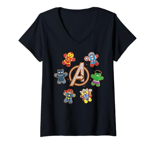 Womens Marvel Avengers Holiday Christmas Gingerbread People & Logo V-Neck T-Shirt