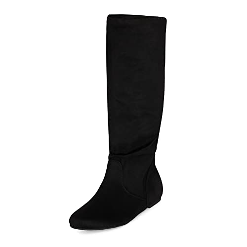 Roll- Women's Slouchy Faux Suede Knee High Pull On Flat Round Toe Boots3