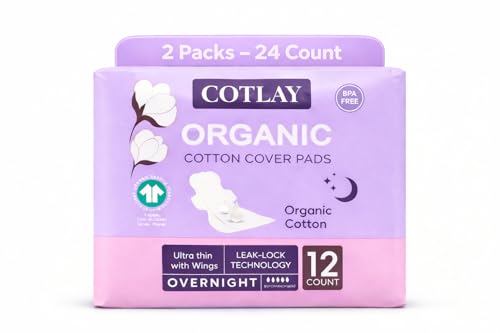 COTLAY Organic Cotton Sanitary Pads for Women â€“ 24 Count Overnight Pads for Heavy Flow, Organic Period Pads with Wings, Non Toxic Feminine Hygiene, Leak Proof Cotton Pads for Women Overnight