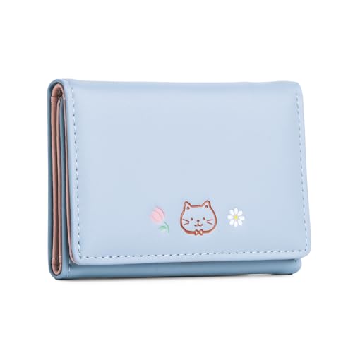 Image of INOVERA (LABEL) Wallets for Women, Girls - Stylish Faux Leather Trifold Cash, Coin, Cards Holder Purse - Mini Cute Cat Pattern Small Hand Wallet (Light Blue)