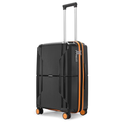 Image of Provogue Lumina Hard-Sided PP 65 Cm Trolley Bags for Travel Medium Size | Expandable Luggage Suitcase with 8 Wheels | Combination Lock | 5 Year Warranty (Midnight Black /Fire Orange)