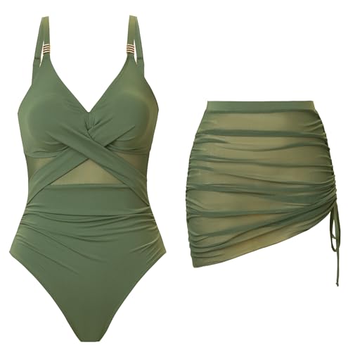 YUNIDMEIM One Piece Swimsuit Women Tummy Control Bathing Suit with Cover Up Set Slimming Mesh Sarong Swim Suits Army Green