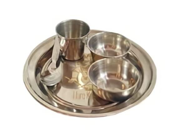 Image of Vrindavan Mandir Small Size Laddu Gopal Bhog Thali Set, Pooja Bhog, Diwali Thali, Kanchak Gift, Navratra Gift, Kids Food Thali, Thali-6 Inch, Glass-2 Inch, Spoon-4.5 Inch, Katori-1 Inch