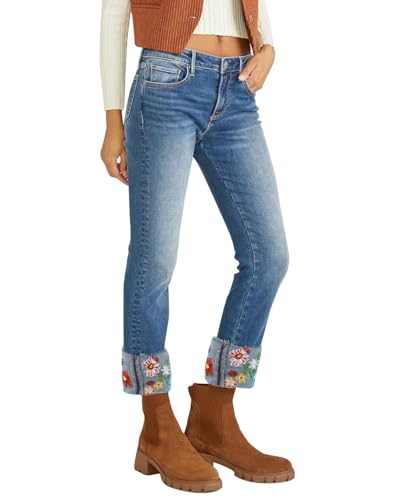 Embroidered Jeans for Women Floral Crop Straight Leg Cuffed Stretch Jeans Mid Rise Skinny Denim Pants2