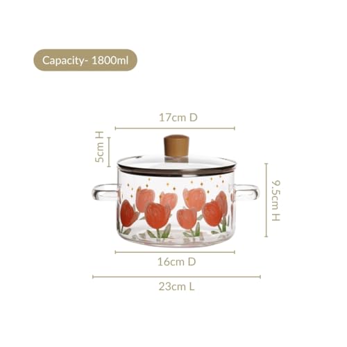 Image of Nestasia Borosilicate Glass Cooking Pot on Gas Stove (1800 ml) - Tulip Printed Casserole with Air Vent Glass Lid | Microwave & Dishwasher Safe Durable Vessel for Kitchen