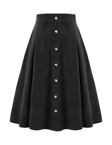 Schwarzer Rock Damen midilang Cordrock A-Linie Vintage Rock Tellerrock Basic Casual Hohe Taille Winterrock Freizeitrock mit Taschen Black M