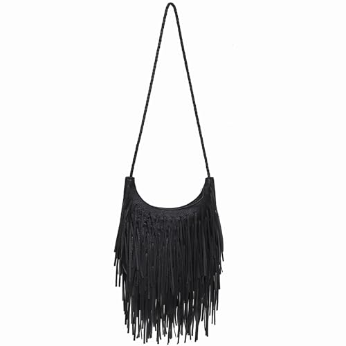 Saddhu Bolsa transversal feminina com franjas de couro sintético com borlas boêmia para festas de casamento e coquetéis, Preto 04, Small