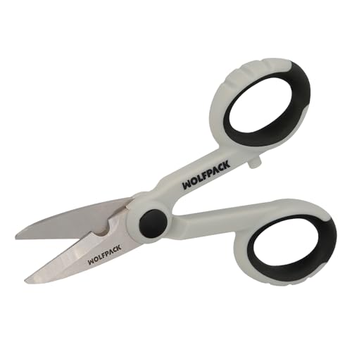 WOLFPACK LINEA PROFESIONAL Tijeras Electricista 140 mm. Mango TPR No tension. Hojas Acero Inoxidable, Ergonomicas, Tijeras Cortar Cable, Pelacables