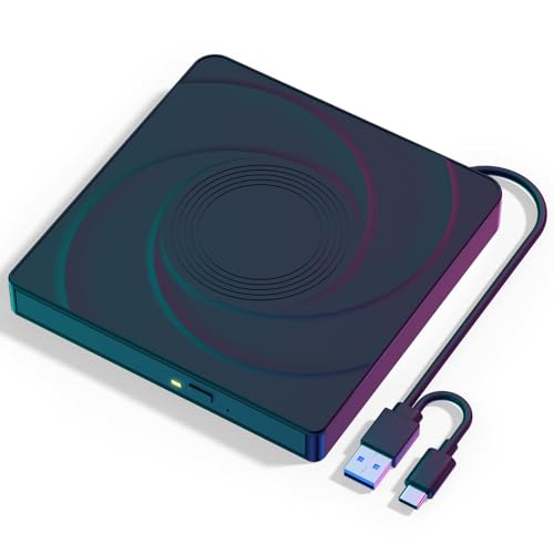 External CD/DVD Drive for Laptop - USB 3.0 & Type-C Portable CD DVD +/-RW Burner Player Plug and Play Compatible with Windows 10&11 Linux MacBook PC (Black)