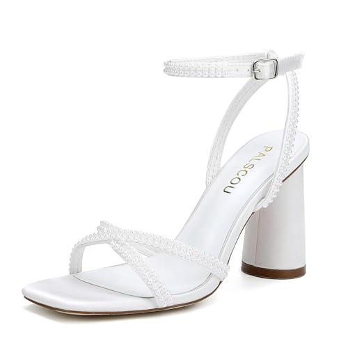 Pearl Heels Strappy Bridal Shoes Block Heel Wedding Sandals Open Toe Wedding Shoes for Bride