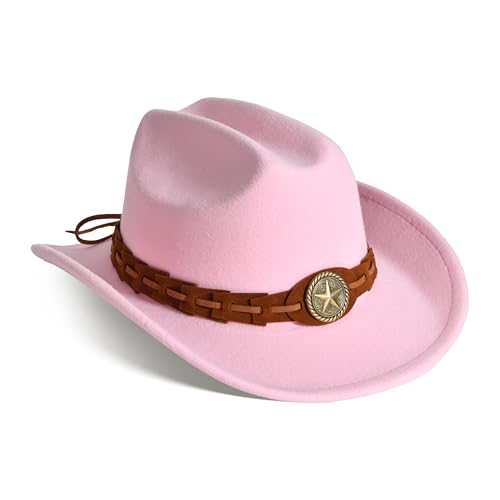 Image of Willheoy Kids Cowboy Hat for Girls Boys Western Cowgirl Hat with Buckle Belt Unisex Wide Brim Fedora Hat Dress Up Costume