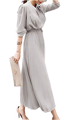 ［エムエルーセ］プリーツ ワンピ 無地 ロング丈 長袖 ボタン 丸首 ロング 大人 スリム 細身 体型 カバー Aライン ミモレ ゆったり シンプル オシャレ お洒落 カワイイ 可愛い セクシー エレガント 上品 シフォン オフィス フォーマル 発表会 普段着 通勤 通学 韓国 春 春服 夏 冬用 春夏 秋 春秋 秋服 グレイ ぐれー 灰色 ぶりーつ わんぴ グレー A44-GYXXL
