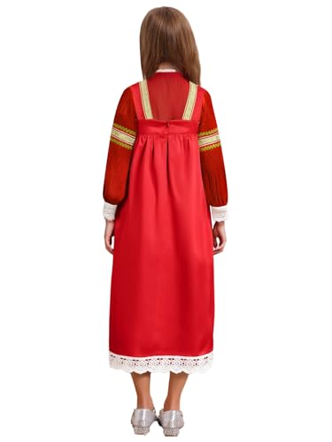 Child Girls Russian Ethnic Performance Dress Embroidered Blouse with Overalls and Headpiece Red 3 Years2