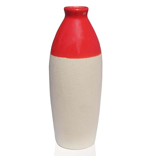Image of Pure Source India Handcrafted Red Ceramic Bottle-Shaped Flower Vase (9.75 Inches) for Home Decor, Living Room, Gifting, Decorative Small Vase (Flower NOT Included)
