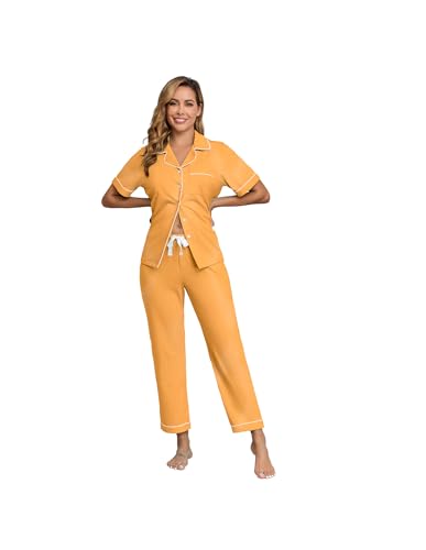Image of CF Womens 100% Cotton Pajamas Set Button Down Pjs Sets Short Sleeve Top & Long Pants Sleepwear Comfy Loungewear with Pockets