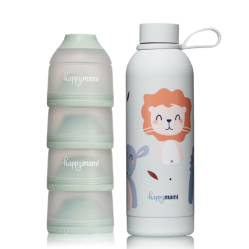 Happymami, Pack Dosificador Leche en Polvo + Termo de líquidos Bebe 500 ml, Set de Alimentación para tu Bebé, Sin BPA, doble pared interna para mantener temperatura, Superficie Interior Antiadherente