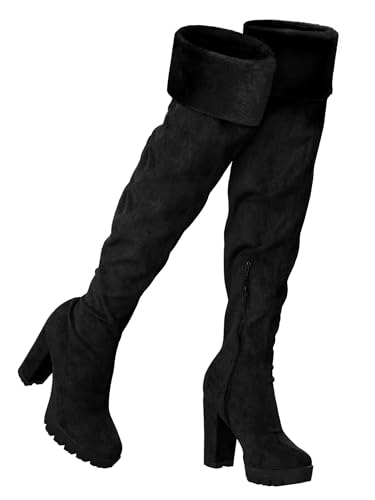 Allegra K Women's Platform Faux Fur Zipper Chunky Heel Over Knee High Boots Black 7 UK/Label Size 9 US