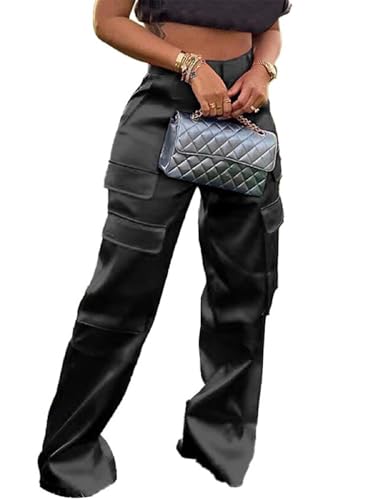 Women Satin Cargo Pants High Waisted Straight Wide Leg Casual Pants Multi Pockets Club Y2k Trousers