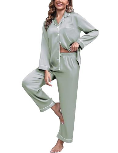 Image of UMBY Silk Satin Pajamas for Women Set 2 Piece Silk Pjs Long Sleeve Top Cozy Sleepwear Silky Pajamas