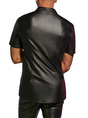 WDIRARA Men's PU Leather Button Down Short Sleeve Dress Shirt Casual Streetwear Top2