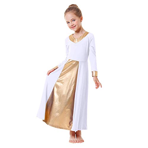 image for IBAKOM Girls Metallic Gold V-Neck Praise Dance Dresses Liturgical Lyri