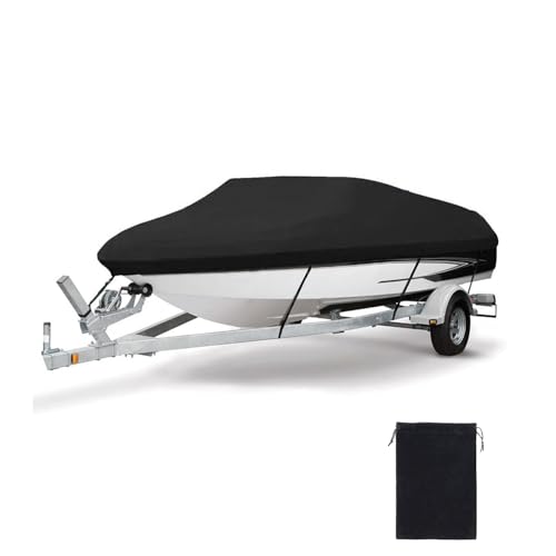 Heavy Duty Waterproof Boat Cover, PU Marine Grade Polyester Boats Covering, UV Resistant Bass Boat Cover, Fits V-Hull Tri-Hull Fish&SkiBoat, Runabout (17'-19', Beam Width up to 96')