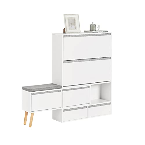 SoBuy FSR134-W Banco Zapatero Mueble para Entrada con Banco móvil 2 Cajones y 2 Solapas y Armario de Entrada Blanco 124-92 x 24 x 126 cm ES