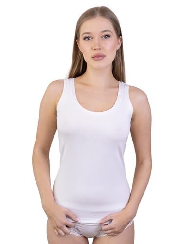 BeMyco Camiseta de tirantes para mujer de algodón elástico con hombros anchos, suave, elegante, para mujer de verano | Camiseta interior o exterior – XS a XL, Color blanco., L