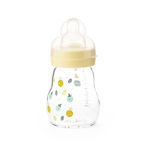 MAM Feel Good Glass Bottle | 1 Pack (1 x 170ml) | MAM Glass Bottle with Slow Flow Teat Size 1 | Baby Accessories for Newborn | Yellow (Various Designs)