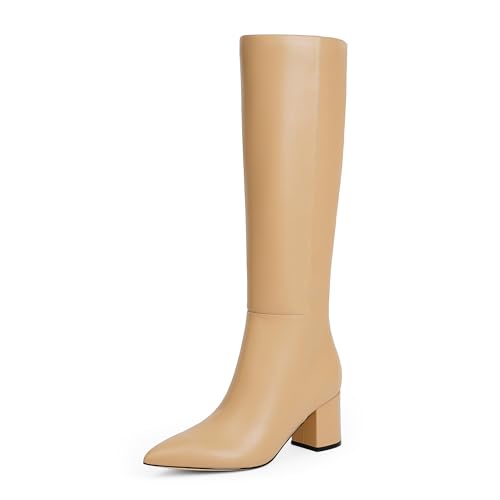 Image of Easyfox Nude Womens Tall Boots Knee High Leather Boot Womens Knee High Nude Boots Chunky Heel Long Pointed Toe Fall Boot Size 10