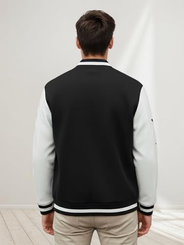 Image of CHKOKKO Men's Regular Varsity Jacket with Snap Button Closure and Patch Design Trendy Comfortable Outerwear for College Travel and Casual Wear