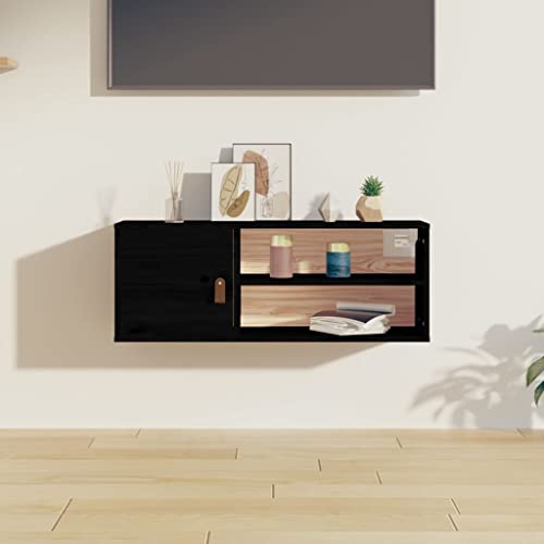 Drainlyn Armario de pared negro de pino macizo, 80 x 30 x 30 cm, estante colgante con 4 compartimentos y 1 puerta flotante para salón, dormitorio, cocina, baño, pasillo y oficina
