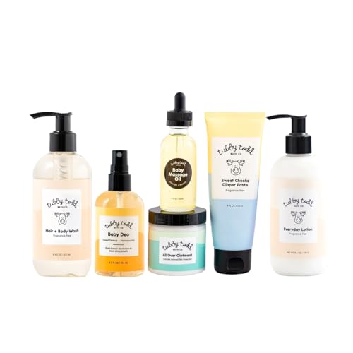 TUBBY TODD Baby Arrival Bath & Skincare Set - The Newborn Gift Set - Baby Shampoo and Body Wash, Lotion, All Over Ointment, Diaper Paste, Baby Massage Oil, Baby Deo - Standard Size Fragrance-Free