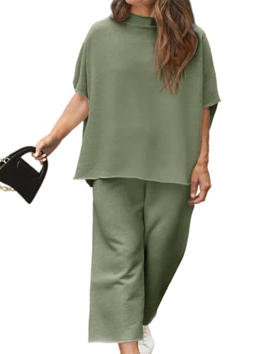 Image of Beautife Women's Plus Size 2 Piece Outfits 3 /4 Batwing Sleeve Capelet Crew Neck Pullover Top Wide Leg Pants Lounge Set