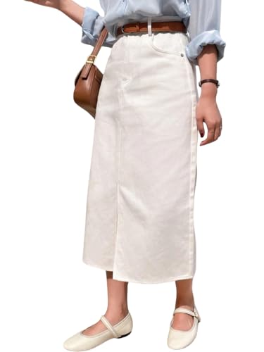 Image of GRECIILOOKS Women's High Waist White Denim Skirt with Front Slit - Long Maxi Jean Skirt Casual Fashion - Stylish Denim Skirts for Women