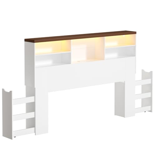 MOMOKOVA 63 Queen/Full Size Headboard with Extendable Storage Racks Built-in Charging Station and RGB LED Lighting Wood Bookcase Headboard Only for Bedroom White