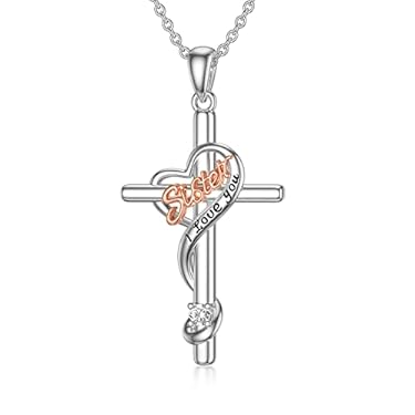 AMAZON - WINNICACA Sisters Cross Jewelry Christmas Gifts for Sister ftom Sister Sterling Silver Cross Penpant I Love You Necklace for Sister Birthday Gifts for Sister from Sisters