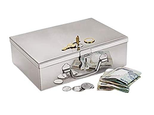 Image of Stainless Steel Cash /Coin /Jewellery Storage Rectangular Silver Boxes with Pre-Fitted Lock (7 inch X 4 inch X 2.5 inch) (With Pre fited One Lock & 2 Key) (Small Poj 7)