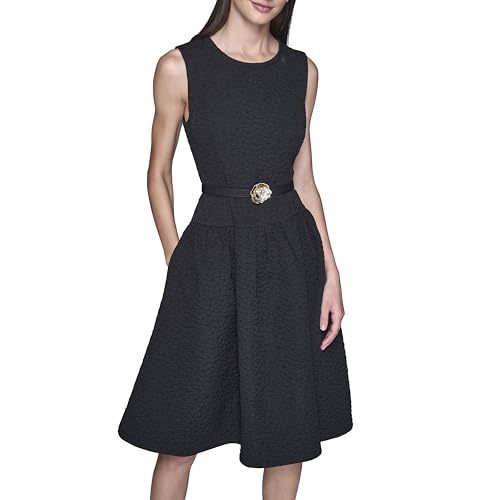 Image of Karl Lagerfeld Women's Sleeveless Crew Neck Flower Belt Floral Stretch Jacquard A-line Dress