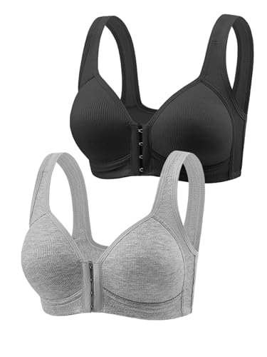 EssElegance Pack Front Closure Bras for Women Full Coverage Lace Wireless Bralettes, Soft Breathable Support Everyday Bras Black Gray