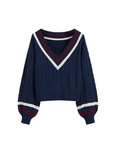 CIDER Cable Knit Sweater Women V Neck Long Sleeve Pullover Striped Trim Regular Fit Knit Top Fall Sweaters