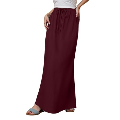 Womens Linen Maxi Skirts, Drawstring Waist A Line Skirts, Flowy Vacation Ankle-Length Skirt