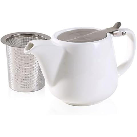 Auxmeware - Ceramic Teapot With Stainless Steel Infuser For Loose Tea And Blooming Tea, Heat Resistant Ceramic Tea Pot And Tea Kettle, Perfect Tea Maker, White Teapot 500ml/17oz Cover