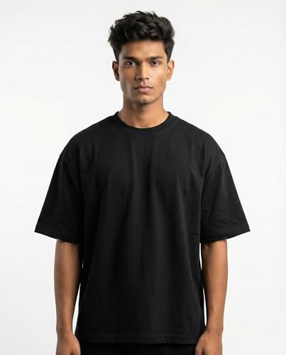 Image of Cotton Blend Oversized Solid T-Shirt for Men & Women | Round Neck Half Sleeve | Relaxed Fit | Lightweight & Breathable T- shirts for Casual Outings & Travel