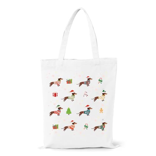 PIujsym Dackel Tasche aus Canvas – Weihnachtsgeschenke für Frauen, Lustige Dachshund Einkaufstasche, Dackel Geschenke für Hundeliebhaber, Wiederverwendbare Stofftasche mit Weihnachtsmotiv