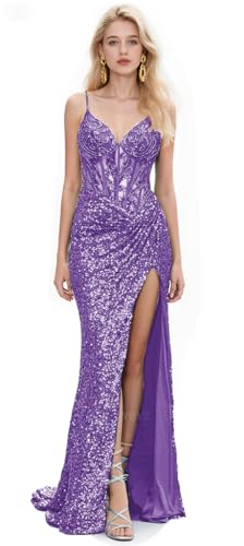 CYJJYZ Spaghetti Strap Sequin Prom Dresses with Slit 2026 Sparkly Lace Appliques Mermaid Formal Evening Gown for Women