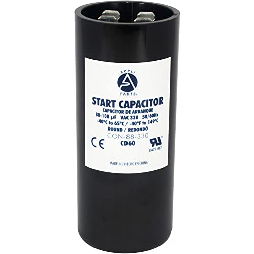 Appli Parts motor start capacitor 88-108 Mfd (microfarads) uF 330VAC universal fit for electric motor applications 1-7/16 in Wide 3-3/8 in Height CON-88-330