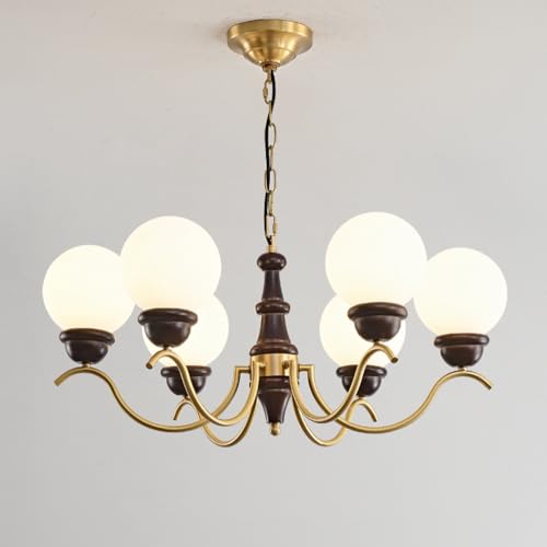 Lámpara de araña de Estilo Mediados de Siglo con 3 Luces, Cristal Blanco lechoso, latón, Estilo rústico, Colgante de Madera Vintage para Dormitorio, Sala de Estar, Comedor e Isla de Cocina.
