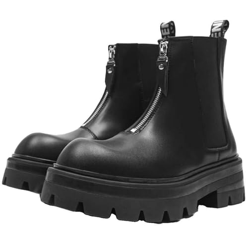 Men’s Leather Platform Chelsea Boots Classic Round Toe Lug Sole Front Zipper Ankle Boots Outdoor Casual Comfortable Business Office Dress Boots